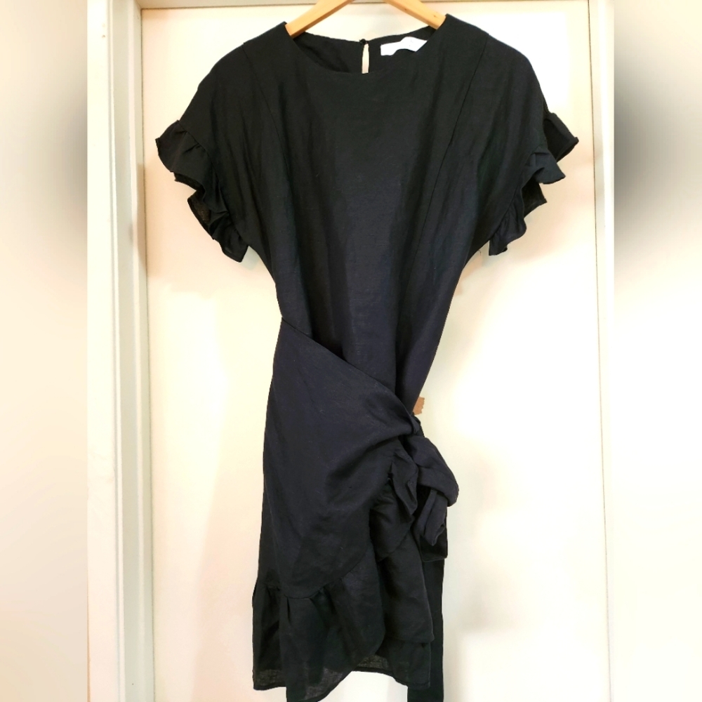 ASTR The Label Dress Women's Linen Blend Ruffle Wrap Dress‎ Black Extra Small XS - Picture 2 of 9
